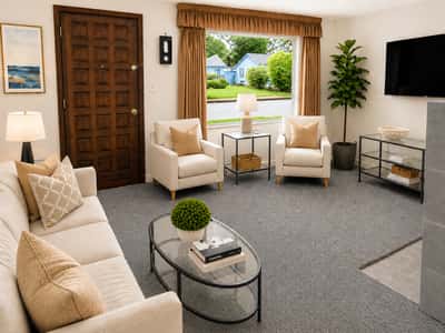 Bright and welcoming living area features a cozy gas fireplace for those chilly nights.