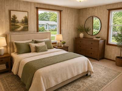 This primary bedroom features two windows offering natural light, and a comfortable layout perfect for relaxation.