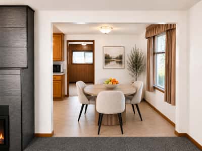 Dining area flows seamlessly from the kitchen.