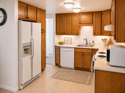 Spacious kitchen featuring ample cabinetry, white appliances, and an inviting layout perfect for cooking.