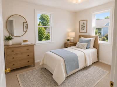 Bright and inviting bedroom brings in lots of natural light.