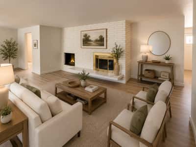 Another view of the formal living room featuring a cozy wood burning fireplace.
