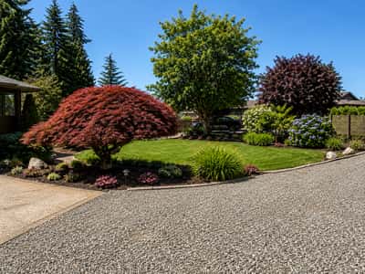 Beautiful landscaped garden featuring vibrant trees and colorful shrubs.