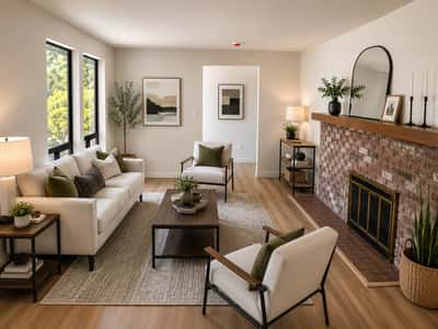 The front family room welcomes you with one of two wood-burning fireplaces.