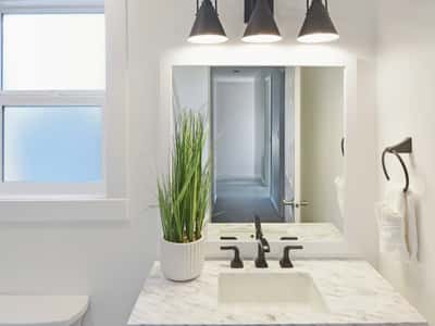 Modern bathroom featuring a sleek marble countertop, contemporary lighting, and a refreshing greenery accent.