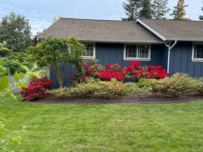 Brightly colored azaleas enhance the lush, landscaped grounds of this inviting home in a tranquil setting.