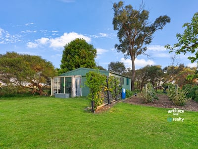 This property features a spacious backyard with greenery and a versatile outbuilding, perfect for various uses.