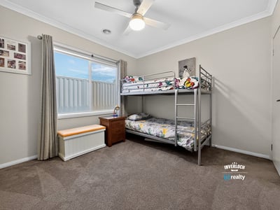 Cozy bedroom featuring a bunk bed, ample natural light, and versatile storage options.