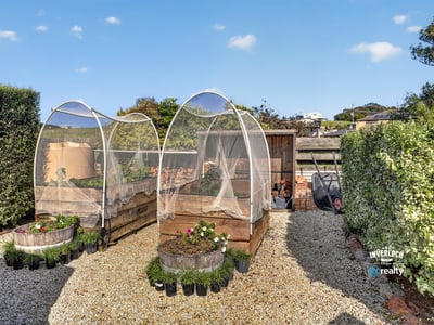 Discover this unique backyard space, featuring well-designed garden beds and protective structures for thriving plants.