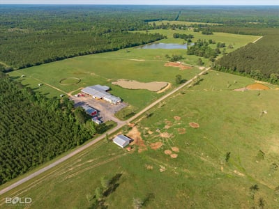 Expansive countryside property featuring vast open fields, wooded areas, and a tranquil pond, ideal for various uses.