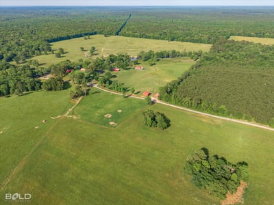 Expansive rural landscape featuring open fields, mixed woodlands, and potential for agricultural or recreational use.
