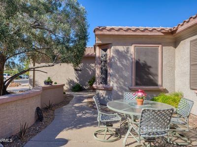 Gather under the Arizona sun in this inviting front patio with privacy walls and mature trees. A perfect outdoor retreat for morning coffee or evening relaxation.