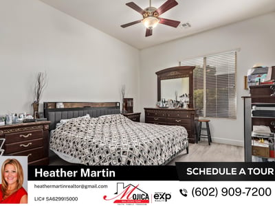 This spacious owner s suite showcases updated flooring, ceiling fan, and abundant natural light. Designed for relaxation, it enhances the comfort and value of this Glendale home with pool and 3-car garage.