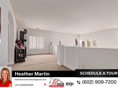 The open loft provides additional living space ideal for work, entertainment, or play. Overlooking the main floor, it enhances the spacious design of this Glendale home with private backyard pool.