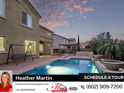 The expansive yard features a private pool, covered patio, pergola, and low-maintenance design. Perfect for Arizona living, this Glendale home blends functionality with luxury.