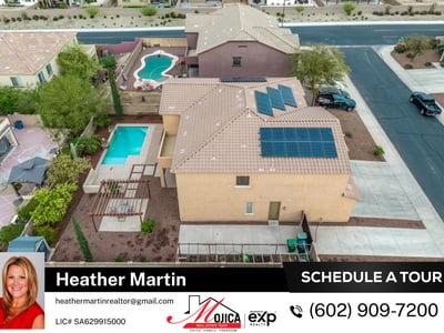 Overhead angle emphasizes the pool, water features, and fenced yard. This Glendale home blends energy-efficient upgrades with inviting outdoor living.