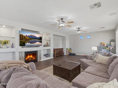 Comfortable great room with fireplace centerpiece, built-in shelving niches, and wood-style flooring, creating a welcoming space for relaxing or entertaining guests.