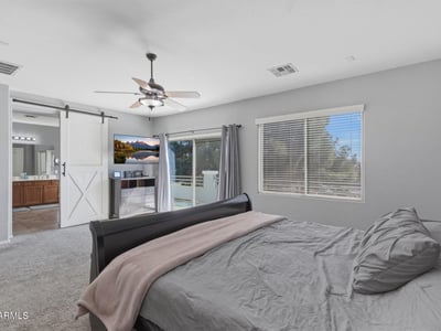 Spacious primary bedroom with plush carpet, ceiling fan, and neutral tones, offering a relaxing retreat within this well-designed Queen Creek home.