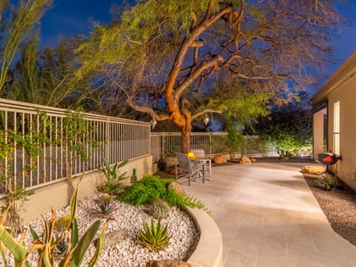 Low-maintenance Scottsdale landscaping with native plants, decorative rock, and a spacious patio walkway designed for beauty and efficiency.