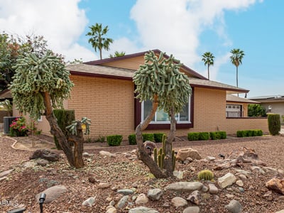 Unique desert garden with mature cacti and rock accents. This Sun City home offers beautiful curb appeal with water-efficient landscaping.