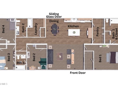 Well-designed floor plan featuring separate bedroom wings, three full bathrooms, a large kitchen, dedicated dining area, walkthrough pantry, and spacious living room. Built to support comfortable everyday living and entertaining.