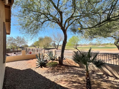 Backyard overlooking the fairway with mature desert trees, attractive landscaping, decorative stone accents, and scenic mountain views. This premium outdoor setting offers both privacy and breathtaking natural surroundings.