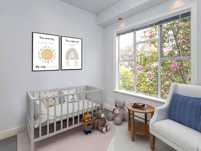 Bright and inviting nursery featuring cheerful artwork, cozy furnishings, and vibrant views through large windows.
