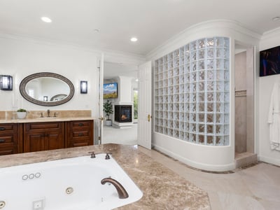 Primary Bathroom-Luxurious bathroom featuring a jetted tub, modern glass block shower, and ample natural light.