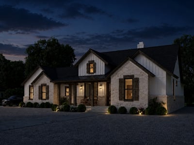 Inviting home features a spacious layout and beautiful outdoor lighting, perfect for evening gatherings and relaxation.