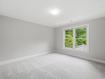 Bright, airy bedroom featuring fresh carpet, ample natural light, and a view of the lush outdoors.