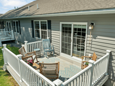 Sunny outdoor space featuring a spacious deck, perfect for relaxing and entertaining in comfort.