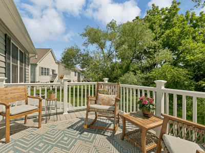 Relax on this inviting deck, surrounded by lush greenery and featuring comfortable seating for outdoor enjoyment.