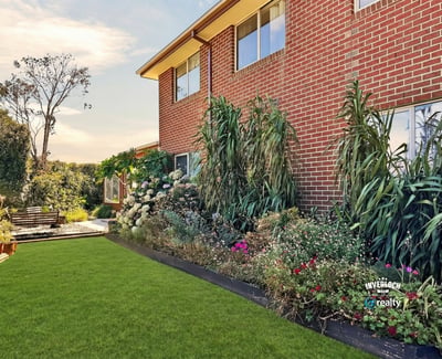 Well-maintained backyard surrounded by vibrant landscaping, perfect for outdoor gatherings or relaxing afternoons.