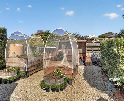 Discover this unique backyard space, featuring well-designed garden beds and protective structures for thriving plants.