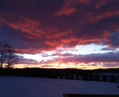 A dramatic winter sunrise over the serene snow-blanketed yard.