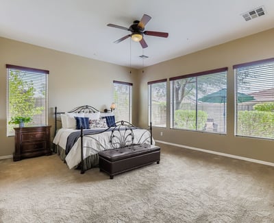 Oversized primary suite with multiple windows offers natural light and peaceful backyard views in this spacious Peoria home.