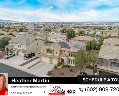 Aerial neighborhood view shows well-kept homes and desert landscaping throughout Glendale. The property stands out with solar panels and a private backyard pool.