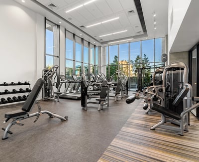 Open-concept fitness center with natural light, high ceilings, and updated equipment for an energizing workout environment in Phoenix.