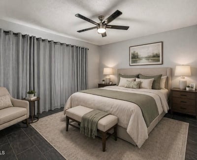 Staged bedroom showcasing layout versatility and modern design. This Sun City home emphasizes updated interiors and comfortable living.