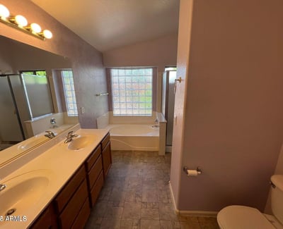 Generous primary bathroom featuring dual vanities, extensive countertop space, a soaking tub, and separate shower. A well-designed space that balances style and everyday practicality.
