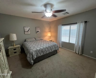 Large primary bedroom with plush carpet, ceiling fan, and oversized windows that bring in natural light, creating a peaceful and inviting space to unwind.