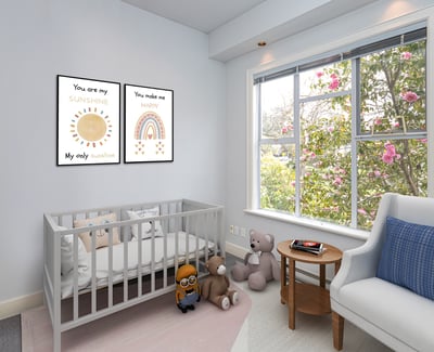 Bright and inviting nursery featuring cheerful artwork, cozy furnishings, and vibrant views through large windows.