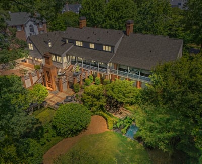 Aerial of home from back, at twilight