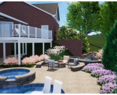 Rendering of the addition of a pool, integrating the existing fire pit and fountain.