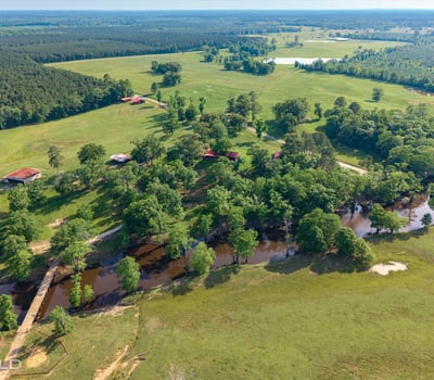 Expansive countryside property featuring lush greenery, flowing water, and ample space for outdoor activities and development.