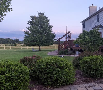 A serene summer evening to walk in the yard or relax on the deck.