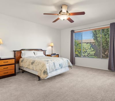 Spacious primary bedroom with neutral d cor and scenic backyard views. Soft carpeting and ceiling fan comfort make this an ideal retreat.