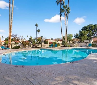 Resort-style pool surrounded by lounge seating and mature landscaping, creating a relaxing atmosphere for residents.