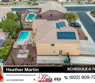 Overhead angle emphasizes the pool, water features, and fenced yard. This Glendale home blends energy-efficient upgrades with inviting outdoor living.