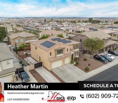 This top-down drone image highlights the organized layout of the solar panels and backyard pool. The Glendale property offers efficient living with exceptional entertaining space.